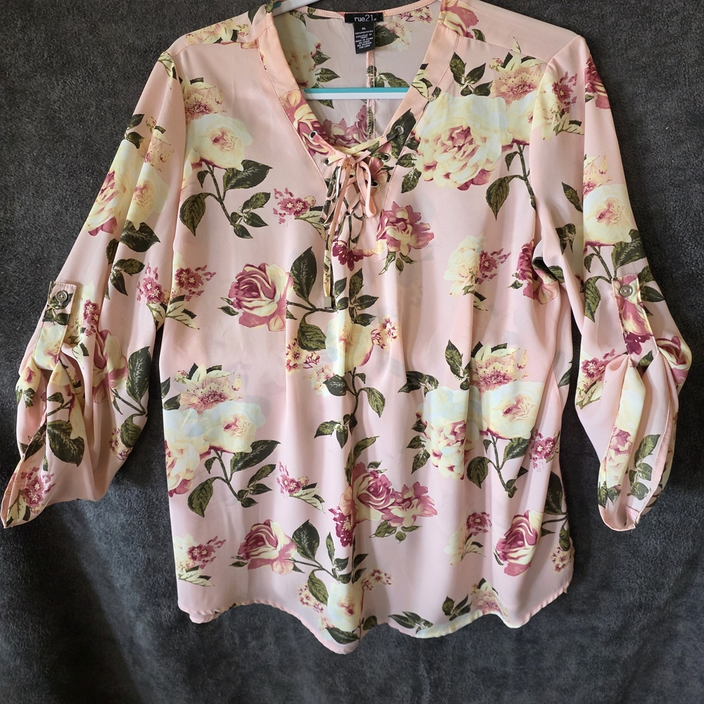 Rue21 Pink Floral Blouse with Lace-Up Detail